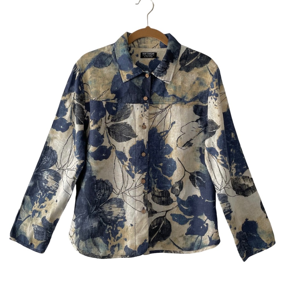 Softwear by Mark Singer Button Front Blouse Linen Floral Blue
